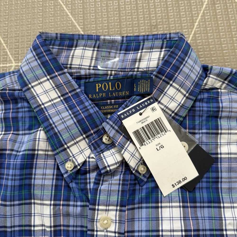 NEW Polo Ralph Lauren‎ Classic Fit Performance Button Down Size Large Blue Plaid